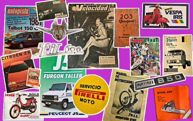 Catálogos antiguos de coches y motos como Vespa, Citroën ZX, Peugeot, Derbi o Pirelli, y revistas del motor
