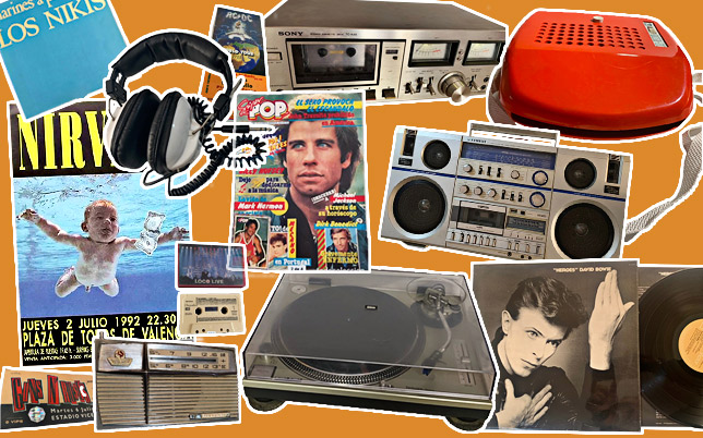 Electrónica musical antigua con tocadiscos, radiocasetes, vinilos, cintas de casete y revistas de música de los 80 y 90.