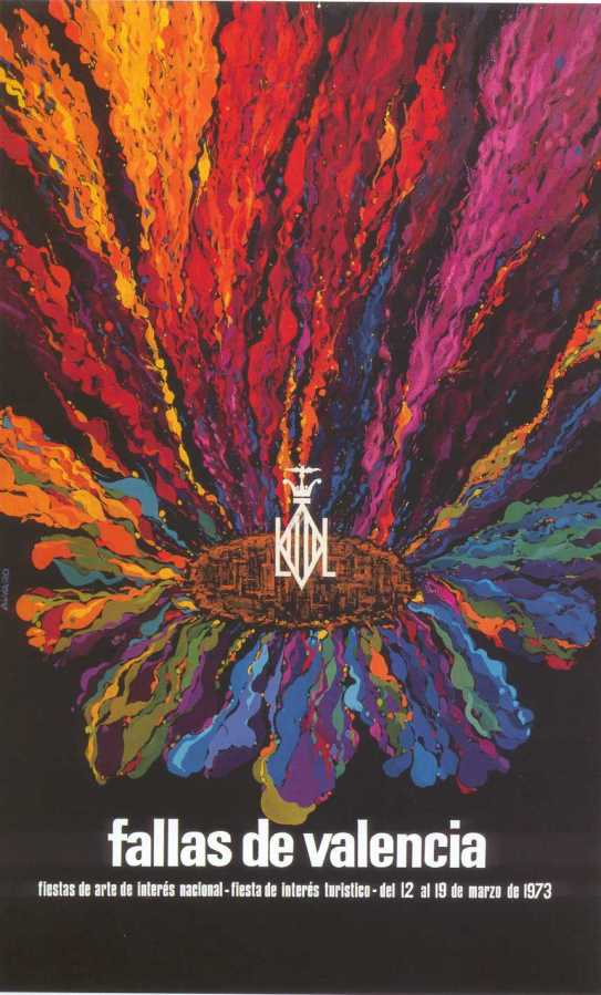 Cartel oficial de las Fallas de Valencia de 1973 diseñado por Álvaro Beltrán Bueno, con explosión de colores sobre fondo negro.
