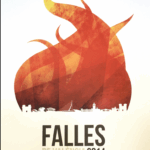 Cartel de Falles de València 2014 diseñado por Rafa Vilches, con silueta de la ciudad y llama abstracta en tonos rojizos.