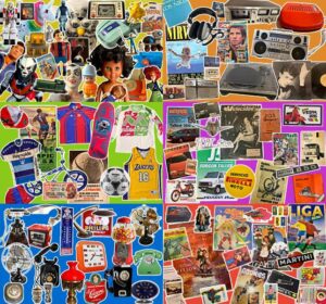 Collage de objetos retro y vintage de los años 70 y 80 collage objetos retro vintage juguetes electronica musica deportes moda cultura