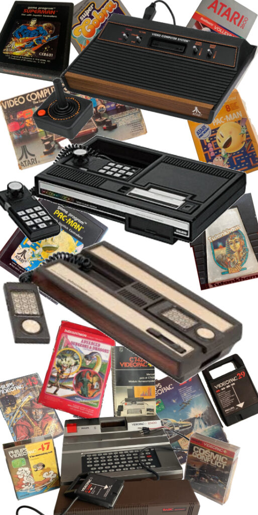 Consolas retro Atari 2600, Intellivision, ColecoVision y Philips Videopac con juegos clásicos como Pac-Man, Cosmic Conflict y Advanced Dungeons & Dragons – Fotografía de colección Retrobjetos