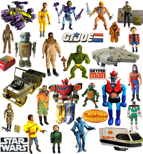 Figuras y muñecos de acción vintage como Geyperman, Madelman, GI Joe, Star Wars, He-Man, Mazinger Z, Skeletor, y robots de los años 70 y 80.