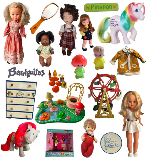 Muñecas antiguas de los años 70 y 80 como Nancy, Barriguitas, Pinypon, La Familia Hogarín, accesorios y muebles de Famosa.