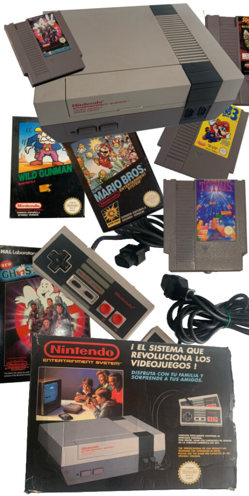 Nintendo NES original con juegos clásicos como Super Mario Bros, Tetris y mando original – Fotografía de colección Retrobjetos