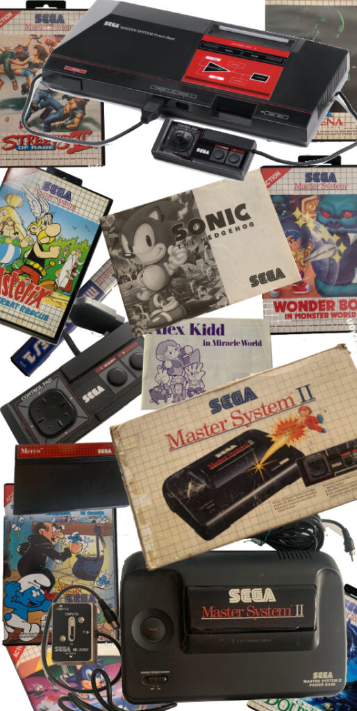 Consolas Sega Master System y Master System II con juegos clásicos como Sonic, Alex Kidd y Streets of Rage – Fotografía de colección Retrobjetos