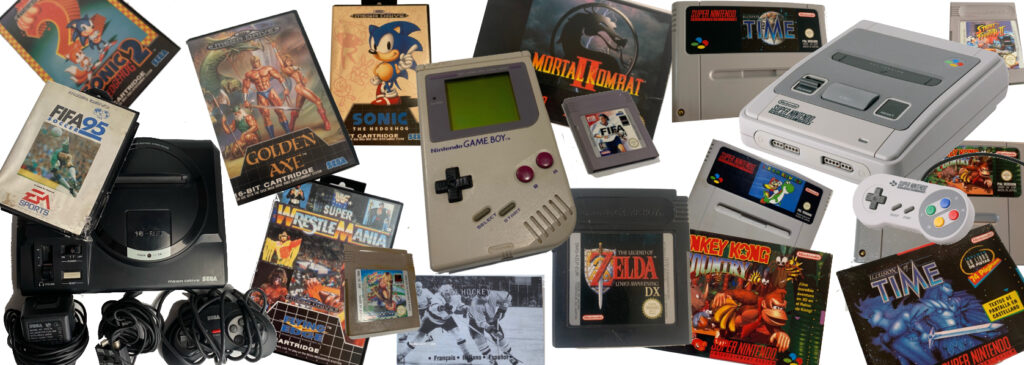 Consolas retro Super Nintendo, Sega Mega Drive y Game Boy con juegos clásicos como Zelda, Sonic, Donkey Kong Country, Golden Axe y Mortal Kombat – Fotografía de colección Retrobjetos