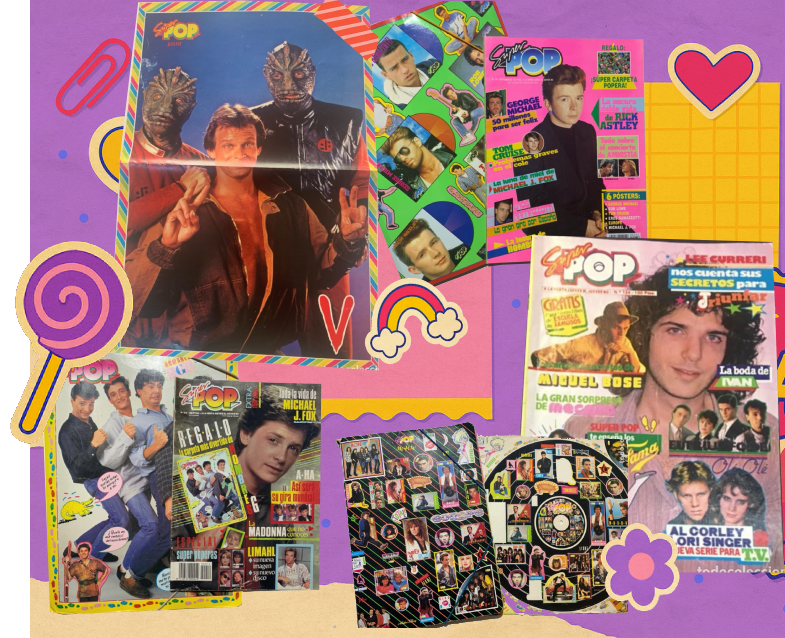 Collage con portadas de revistas Super Pop, pósters de la serie V, fichas de famosos y colección en CD, sobre fondo colorido estilo diario escolar