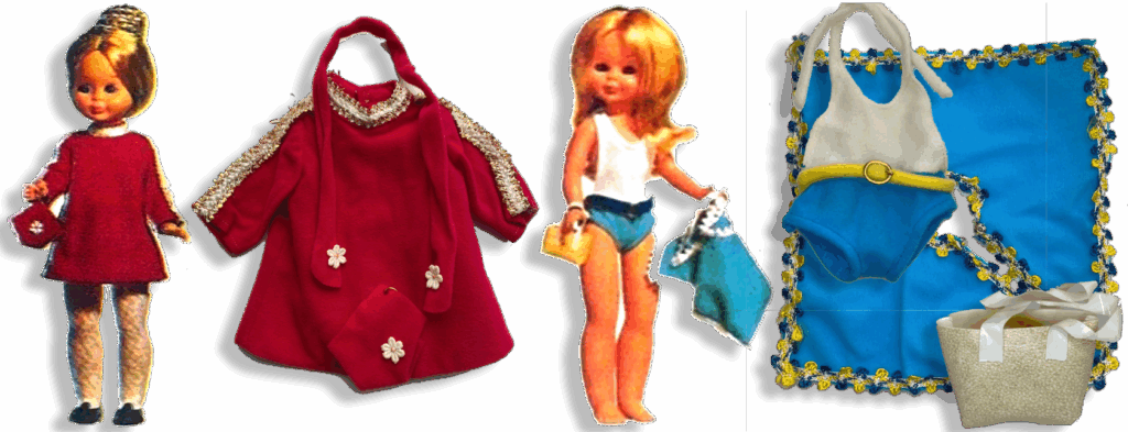 Conjuntos originales de Nancy de Famosa de los años 70: modelo de tarde en rojo con bolso y modelo de playa en azul con bañador y bolso de paja