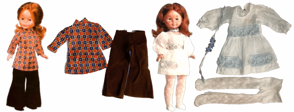 Conjuntos originales de Nancy de Famosa: modelo Loco-loco con pantalones acampanados y modelo Romántica con vestido blanco bordado de los años 70.