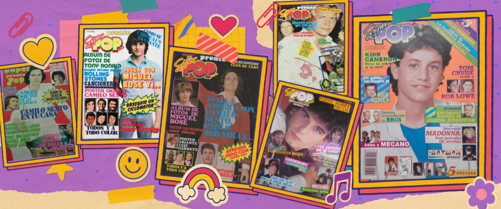 Collage de portadas antiguas de la revista Super Pop con Camilo Sesto, Miguel Bosé, Los Pecos y Kirk Cameron
