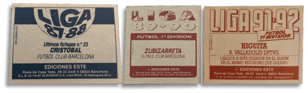 Diferentes diseños traseros cromos Ediciones Este Liga 1987-1992