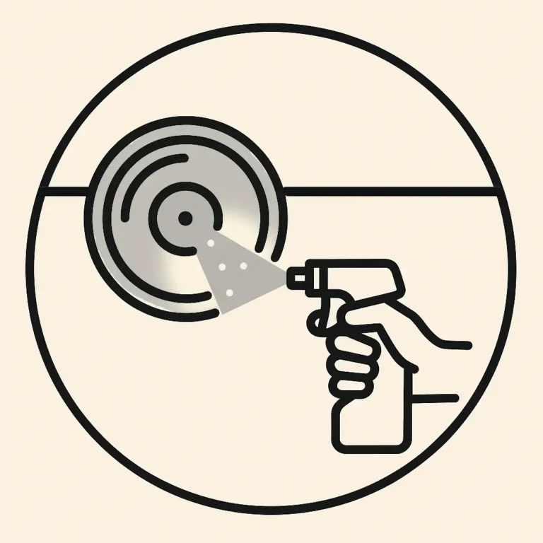 Ilustración minimalista de un disco metálico siendo rociado con cloruro de plata en galvanoplastia