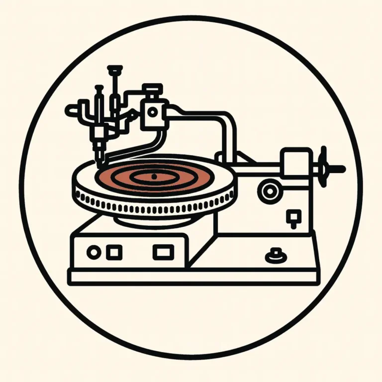 Ilustración minimalista de un torno Neumann cortando el máster de vinilo