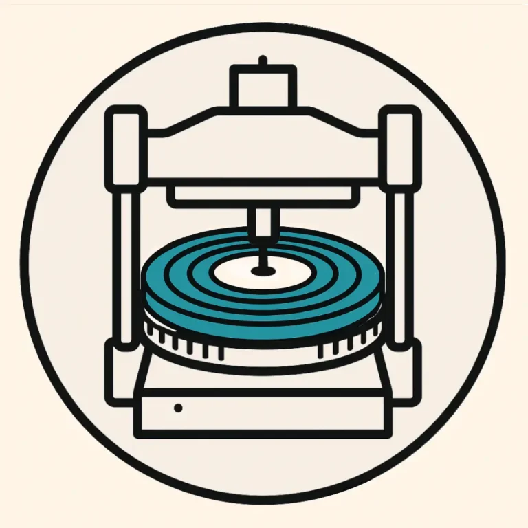 Ilustración minimalista de una prensa fabricando vinilos