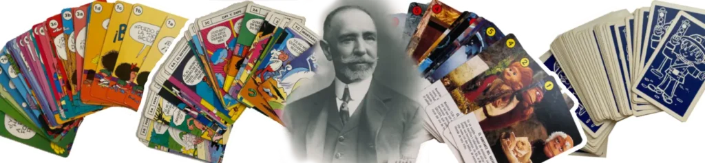 Retrato de Heraclio Fournier rodeado de barajas clásicas e infantiles de la marca