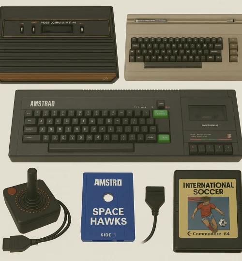 Consolas y ordenadores Atari, Amstrad CPC y Commodore 64 con juegos y disquetes vintage
