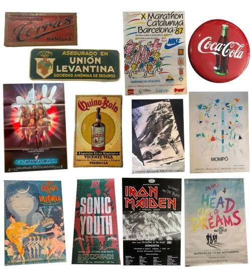 Papel antiguo y coleccionismo 2 Carteles vintage de conciertos, películas, publicidad y placas metálicas antiguas de marcas como Coca-Cola, Sonic Youth o Iron Maiden.