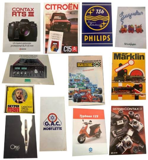 Papel antiguo y coleccionismo 3 Catálogos antiguos de marcas como Geyperman, Scalextric, Märklin, G.A.C., Citroën, Philips y Contax, relacionados con juguetes, cámaras y vehículos.