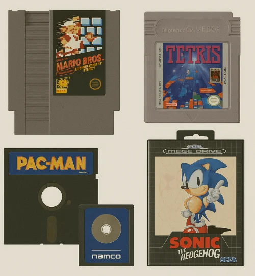 Juegos retro en formato cartucho, CD y disquete de consolas clásicas y ordenadores vintage