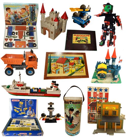 Qué compramos 6 Juguetes antiguos de construcción y creatividad como Meccano, Exin Castillos, Tente, Madelman y barcos de Tente. Incluye castillos, robots, barcos, camiones y edificios vintage.