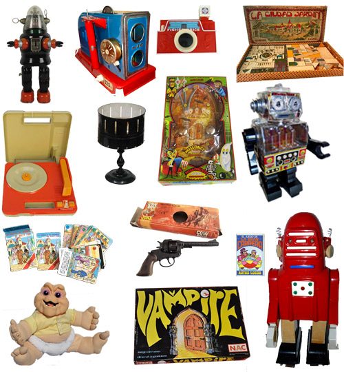 Qué compramos 9 Juguetes electrónicos antiguos: robots de hojalata, proyectores de cine, discos de cuentos, juego Vampire, pistolas, Baby Sinclair y pinballs.