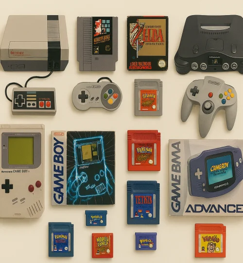Consolas clásicas de Nintendo: NES, Super Nintendo, Nintendo 64, Game Boy y Game Boy Advance con videojuegos retro