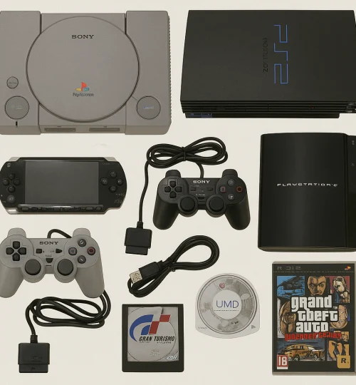 Consolas PlayStation 1, 2, 3 y PSP con videojuegos antiguos y accesorios de colección