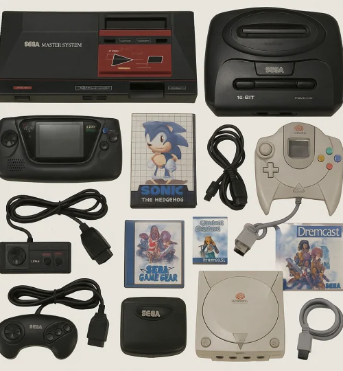 Consolas clásicas SEGA Master System, Mega Drive, Game Gear y Dreamcast con juegos retro de los años 70 y 80